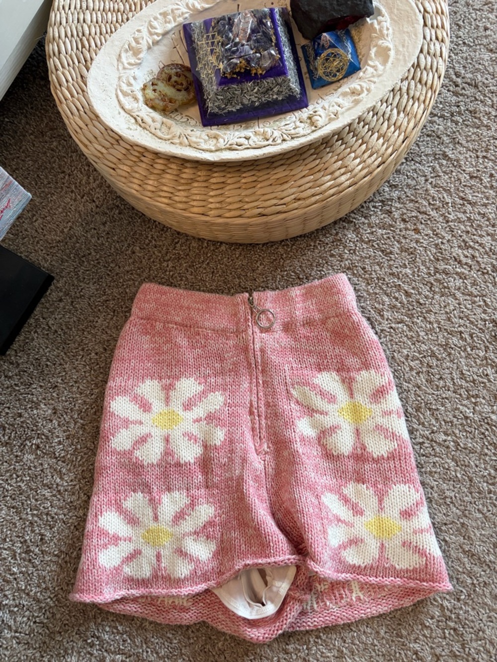 STORIA - Pink Daisy Knit High Waist Shorts